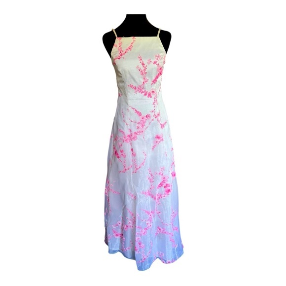 Vintage Dresses & Skirts - VTG 90s USA Organza Formal A line Dress in White with pink flower print SZ 3/4
